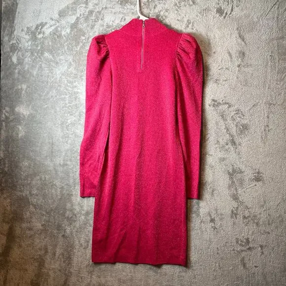 Alice + Olivia Issa Turtleneck Puff Sleeve Dress‎ Pink Glitter LG Wool Blend New